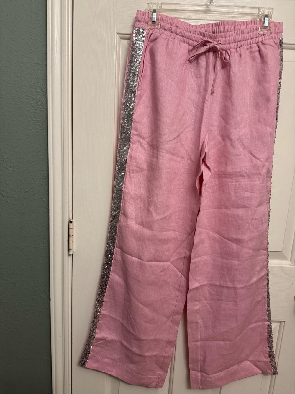 Saks Fifth Avenue Women’s Pink Wide-Leg Pants with Silver Sequin Side Stripes
